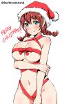  1girl angel_gabriel. blush breasts cameltoe closed_mouth emma_verde english_text freckles green_eyes hat highres large_breasts looking_at_viewer love_live! love_live!_nijigasaki_high_school_idol_club merry_christmas nude red_hair ribbon santa_hat simple_background solo standing white_background wrapped_up 