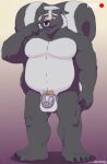  2017 anthro balls bara-diction biceps big_tail blush chastity_cage chastity_device chest_tuft embarrassed facial_piercing feet fluffy fluffy_tail foreskin genitals grey_eyes hi_res male mammal mephitid metal_chastity_cage nose_piercing nose_ring nude pecs penis piercing pubes purple_background recording ring_piercing simple_background skunk slightly_chubby solo standing submissive submissive_male tuft 