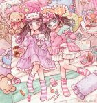  2girls bangs beads bed blue_eyes book bow brown_hair candy cardigan cellphone checkered_pillow cup dress drink food frilled_pillow frills from_above hair_bow head_on_pillow heart heart_pillow holding holding_stuffed_toy indoors lollipop long_hair long_sleeves macaron makeup multiple_girls nail_polish_bottle object_hug on_bed open_book original painting_(medium) pajamas phone pillow pink_bow pink_cardigan pink_socks pink_theme pocky purple_dress purple_eyes purple_socks sakano_machi sleep_mask smile sock_bow socks star_(symbol) striped striped_socks stuffed_animal stuffed_toy swirl_lollipop table teddy_bear traditional_media twintails watercolor_(medium) white_dress wide_sleeves yume_kawaii 