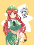  2girls :3 angry apron ascot beret blue_eyes blush bow braid breasts chibi clenched_hand colonel_aki commentary_request dress green_vest hair_bow hair_intakes hat hong_meiling izayoi_sakuya large_breasts long_hair maid maid_apron maid_headdress multiple_girls open_mouth red_hair short_sleeves side_slit skirt sparkle star_(symbol) touhou twin_braids vest 