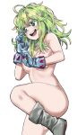  1girl 774_(nanashi) :d absurdres bangs blue_gloves boku_no_hero_academia boots breasts commentary covering covering_breasts gloves green_eyes green_hair grey_footwear hagakure_tooru hair_between_eyes highres long_hair looking_away medium_breasts messy_hair nude open_mouth smile solo teeth unusually_visible upper_teeth 