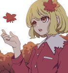  1girl absurdres aki_shizuha blonde_hair buttons hair_ornament highres kame_(kamepan44231) leaf leaf_hair_ornament long_sleeves maple_leaf one-hour_drawing_challenge open_mouth red_shirt shirt short_hair simple_background solo touhou upper_body white_background yellow_eyes 