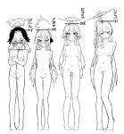  4girls ahoge arms_behind_back azusa_(blue_archive) blue_archive blush bow braid breasts character_name closed_eyes closed_mouth completely_nude feathered_wings female_pubic_hair guman_project hair_between_eyes hair_bow halo hanako_(blue_archive) hat height_chart height_difference hifumi_(blue_archive) koharu_(blue_archive) long_hair looking_at_another looking_at_viewer medium_breasts multiple_girls navel nipples nude pubic_hair simple_background small_breasts smile standing very_long_hair white_background winged_hat wings 