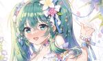  1girl :d apple_caramel bangs bare_shoulders blue_flower blush bow breasts cleavage commentary curtains flower green_eyes green_hair hair_between_eyes hair_bow hair_flower hair_ornament hand_up hatsune_miku looking_at_viewer medium_breasts pink_flower smile solo star_(symbol) star_hair_ornament transparent upper_body vocaloid white_bow white_flower wrist_cuffs yellow_flower 