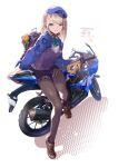  1girl backpack bag blonde_hair green_eyes ground_vehicle gun jacket loafers medium_hair motor_vehicle motorcycle ohland open_clothes open_jacket original pantyhose pleated_skirt ribbon shoes sitting skirt smile solo sweater weapon 