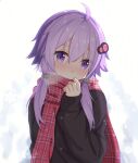  1girl ahoge blush breath looking_at_viewer nekosination purple_eyes purple_hair scarf snowing solo voiceroid winter yuzuki_yukari 