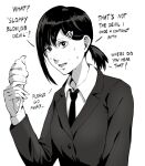  1girl black_hair black_jacket black_necktie chainsaw_man collared_shirt confused food formal francisco_mon greyscale hair_ornament hairclip higashiyama_kobeni highres holding_ice_cream ice_cream jacket looking_at_viewer meme monochrome necktie open_mouth shirt short_hair short_ponytail simple_background single_sidelock sloppy_blowjob_devil_(meme) solo suit sweat white_background white_shirt 