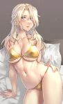  1girl alternate_costume arm_support bare_arms bare_legs bare_shoulders bed bed_sheet bikini blonde_hair blue_eyes blush breasts collarbone cowboy_shot gold_bikini groin highres hornet_(kancolle) kantai_collection kokuzou large_breasts long_hair navel on_bed open_mouth pillow sitting solo string_bikini swimsuit 