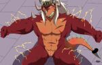  abs anthro blush bushiroad dragon drum&#039;s_father future_card_buddyfight hair hi_res horn lion_ta_(artist) male muscular muscular_anthro muscular_male pecs scalie scar slit solo white_hair 