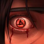  1boy absurdres black_hair blood blood_from_eyes blood_on_face close-up crain1art eye_focus headband highres looking_at_viewer mangekyou_sharingan naruto naruto_(series) red_eyes sharingan twitter_username uchiha_itachi 