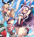  2girls animal_ears armpits arms_up ass azur_lane bakasp-lilzy bangs bare_legs bikini_over_clothes black_hairband black_panties black_skirt blonde_hair blue_skirt blue_sky blush breasts clenched_teeth crop_top elbow_gloves enemy_naval_mine_(kancolle) frown gloves hairband highleg highleg_panties highres jacket kantai_collection long_hair miniskirt multiple_girls navel outdoors panties pleated_skirt rabbit_ears red_thighhighs restrained rudder_footwear sailor_collar school_uniform serafuku shimakaze_(azur_lane) shimakaze_(kancolle) skirt sky small_breasts striped striped_thighhighs sweat teeth tentacles thighhighs tickling tongue tongue_out underboob underwear white_gloves white_hair white_thighhighs yellow_eyes 