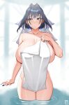  1girl bangs bare_shoulders black_hair blue_eyes blush breasts cleavage collarbone hair_intakes handplug highres hololive hololive_english huge_breasts looking_to_the_side naked_towel open_mouth ouro_kronii short_hair sidelocks solo thighs towel veil virtual_youtuber wading 