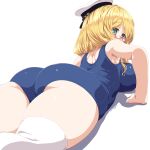  1girl ass ass_focus blonde_hair breasts dd_(ijigendd) glasses hat highres i-8_(kancolle) kantai_collection large_breasts long_hair looking_at_viewer low_twintails lying on_stomach one-piece_swimsuit peaked_cap red-framed_eyewear school_swimsuit semi-rimless_eyewear simple_background solo swimsuit thighhighs twintails twitter_username white_background 