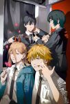  2boys 2girls absurdres bangs black_hair black_jacket black_necktie blonde_hair blue_eyes blue_hoodie chainsaw_man collared_shirt cross-shaped_pupils denji_(chainsaw_man) disembodied_limb earrings falling_petals finger_in_own_mouth flower formal hair_between_eyes hayakawa_aki highres himeno_(chainsaw_man) holding holding_flower hood hoodie horns jacket jacket_partially_removed jewelry kyuuba_melo long_hair looking_at_another looking_to_the_side multiple_boys multiple_girls necktie petals photo_booth pointing pointing_at_another power_(chainsaw_man) red_eyes red_flower red_horns red_rose rose sharp_teeth shirt short_hair smile spiked_hair standing stud_earrings suit teeth topknot white_shirt yellow_eyes 
