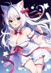  1girl :d aina_rive animal_ear_fluff animal_ears antenna_hair bangs bare_shoulders blue_eyes blush bow breasts cat_ears cat_girl cat_tail cleavage collar commentary_request detached_collar dress frilled_collar frilled_dress frills grey_hair hair_between_eyes hair_bow hair_intakes hand_up heterochromia large_breasts mauve original red_bow smile solo star_(symbol) strapless strapless_dress tail white_collar white_dress yellow_eyes 