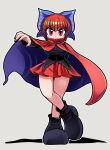  1girl absurdres black_shirt blue_bow bow cloak hair_bow highres long_sleeves miniskirt red_cloak red_eyes red_hair red_skirt ribbon-trimmed_bow ryo_(ryopics) sekibanki shirt short_hair simple_background skirt solo touhou white_background 