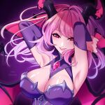  0621ff 1girl absurdres akashic_chronicle alice_(akashic_chronicle) arms_behind_back breasts cleavage demon_girl demon_horns demon_wings highres horns large_breasts lipstick long_hair looking_at_viewer makeup nail_polish pink_eyes pink_hair pink_nails pixiv_username solo wings 