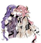  2girls animal_ears bangs blush braid breasts c_ry_o cleavage closed_eyes cowboy_shot detached_sleeves fox_ears genshin_impact gloves hair_between_eyes holding_another&#039;s_head kiss kissing_cheek long_hair multiple_girls nontraditional_miko pink_hair purple_hair raiden_shogun simple_background single_braid smile white_background yae_miko yuri 