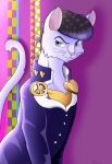  &lt;3 2016 clothed clothing domestic_cat ears_up eyebrows felid feline felis feral fur hair hi_res jimfoxx jojo&#039;s_bizarre_adventure josuke_higashikata looking_aside male mammal mouth_closed peace_symbol pins raised_eyebrow raised_tail sitting smile smirk solo whiskers 