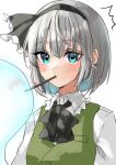  1girl bangs black_hairband black_ribbon blue_eyes blush collared_shirt commentary_request food food_in_mouth frilled_ribbon frilled_shirt_collar frills green_vest hair_ribbon hairband konpaku_youmu konpaku_youmu_(ghost) neck_ribbon pocky pocky_in_mouth ribbon shironeko_yuuki shirt short_hair solo touhou vest white_hair white_shirt 