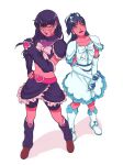  2girls annoyed black_gloves black_hair bow chainsaw_man crop_top cross_scar dress drgryu750 earrings elbow_gloves gloves hair_bow hand_on_hip heart heart_earrings high_ponytail highres jewelry long_hair looking_to_the_side loose_socks magical_girl midriff mitaka_asa multiple_girls one_eye_closed open_mouth scar scar_on_face simple_background socks white_background white_bow white_dress white_gloves yellow_eyes yoru_(chainsaw_man) 