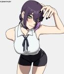  1girl arm_up bangs black_choker black_hair black_nails black_ribbon blush chainsaw_man choker collared_shirt eyes_visible_through_hair green_eyes hair_between_eyes hair_bun highres k3nnyn3v leaning_forward looking_at_viewer medium_hair reze_(chainsaw_man) ribbon shirt shorts simple_background sleeveless solo white_background white_shirt 