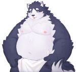  2022 absurd_res anthro belly big_belly black_nose blue_body blue_eyes bulge canid canine canis domestic_dog harima hi_res humanoid_hands kemono male mammal moobs navel nipples overweight overweight_male silentyed simple_background solo tamacolle tongue tongue_out towel 