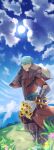  1boy :d absurdres armor armored_boots bird black_pants blue_hair blue_sky boots bouquet brown_coat caspar_von_bergliez cloud coat day fire_emblem fire_emblem:_three_houses flower gauntlets highres holding holding_bouquet kh_(tanakananataka) male_focus outdoors pants ribbon short_hair shoulder_armor sky smile solo sun sunflower yellow_flower yellow_ribbon 