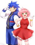 1boy 1girl :d amy_rose bare_shoulders blue_hair blue_shorts bob_cut bracelet breasts dress gloves green_eyes grin hairband highres humanization jacket jewelry long_sleeves looking_at_viewer open_mouth pink_hair red_dress red_hairband salute short_hair shorts smile sonic_(series) sonic_the_hedgehog spiked_hair standing tasikyu two-finger_salute white_gloves 