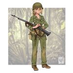  1girl absurdres artist_name blonde_hair blood border combat_knife expressionless green_pants green_shirt gun helmet highres holding holding_gun holding_weapon jungle knife long_sleeves looking_at_viewer m1918_bar machine_gun military military_helmet military_uniform nature original pants shirt short_hair solo torn_clothes uniform weapon white_border willy_pete 