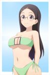  1girl bikini black_hair blue_eyes blush border breasts cleavage closed_mouth collarbone glasses gradient gradient_background green_bikini highres large_breasts light_blue_background long_hair looking_at_viewer navel saitou_kaede_(yama_no_susume) shiny shiny_hair side-tie_bikini_bottom simple_background smile solo swimsuit white_border yama_no_susume zeelch 