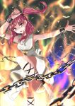 1girl ankle_cuffs barefoot chain cuffs dress fire full_body highres jewelry lobstrater64 looking_at_viewer magi_the_labyrinth_of_magic morgiana open_mouth pendant red_eyes red_hair shackles sidelocks solo two_side_up white_dress 