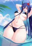  1girl absurdres arknights armpits arms_behind_head arms_up ateoyh bikini black_bikini blue_hair blue_sky blush breasts breath ch&#039;en_(arknights) ch&#039;en_the_holungday_(arknights) chinese_commentary cloud cloudy_sky cowboy_shot curvy day dragon_horns elite_ii_(arknights) empty_eyes flower from_below front-tie_bikini_top front-tie_top furrowed_brow hair_flower hair_ornament hibiscus highres horns large_breasts long_hair looking_at_viewer multi-strapped_bikini navel ocean official_alternate_costume open_mouth outdoors red_eyes sidelocks sky solo standing stomach straight_hair string_bikini swimsuit thick_thighs thighs tongue tongue_out wading wet 