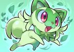  :d animal_focus commentary_request fangs hyou_(hyouga617) leaf no_humans open_mouth pink_eyes pokemon pokemon_(creature) smile solo sprigatito tongue 
