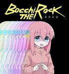  1girl bangs blue_eyes blush bocchi_the_rock! crossover cyberpunk_(series) cyberpunk_2077 dovepopon gotou_hitori hair_between_eyes hair_cubes hair_ornament highres jacket jersey long_hair long_sleeves looking_at_viewer nervous one_side_up open_mouth pink_hair pink_jacket solo track_jacket upper_body 