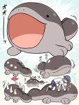  1boy brown_hair clodsire closed_eyes florian_(pokemon) hat lying lying_on_animal on_stomach open_mouth paldean_wooper partially_submerged petting pokemon pokemon_(game) pokemon_sv risapaso shorts sleeping zzz 