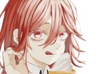  1boy adjusting_hair angel_devil_(chainsaw_man) bangs chainsaw_man close-up collared_shirt commentary food hair_between_eyes highres ice_cream long_hair looking_at_viewer messy_hair red_eyes red_hair shirt simple_background solo symbol-only_commentary tongue tongue_out white_background white_shirt woruworu_61 