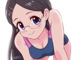  1girl bike_shorts black_hair black_shorts black_sports_bra blue_eyes blush breasts cleavage closed_mouth glasses highres large_breasts long_hair looking_at_viewer saitou_kaede_(yama_no_susume) shiny shiny_hair shorts simple_background smile solo sports_bra tsunemoku white_background yama_no_susume 