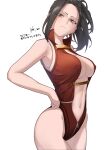  1girl bangs bare_arms bare_shoulders black_hair blush boku_no_hero_academia breasts center_opening cleavage closed_mouth cowboy_shot frown groin hand_on_hip large_breasts leotard long_hair looking_at_viewer navel ponytail red_leotard shiny shiny_hair simple_background smile solo tamamoice translation_request white_background yaoyorozu_momo 