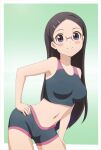  1girl bike_shorts black_hair black_shorts black_sports_bra blue_eyes blush border breasts closed_mouth glasses gradient gradient_background green_background hair_ornament hairclip hand_on_hip highres large_breasts long_hair looking_at_viewer navel saitou_kaede_(yama_no_susume) shiny shiny_hair shorts simple_background smile solo sports_bra white_border yama_no_susume zeelch 