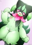  anthro areola blush breasts felid feline female fur generation_9_pokemon genitals green_body green_fur hi_res hinata_sakamoto looking_at_viewer mammal meowscarada nintendo nipples pokemon pokemon_(species) pussy simple_background solo video_games 