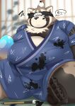  2022 anthro bake_gosut belly big_belly black_nose blush brown_body brush canid canine feet hi_res japanese_text jinbei_(clothing) kemono lifewonders live-a-hero male mammal overweight overweight_male paintbrush raccoon_dog shoen sitting solo tanuki text video_games 