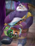  2022 alp_(tas) anthro black_nose candy dessert detailed_background food giant_panda halloween halloween_costume harumuname holidays kemono lifewonders male mammal night overweight overweight_male purple_body solo tokyo_afterschool_summoners ursid video_games white_body 