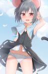 1girl animal_ears blue_capelet capelet dakuazu dress grey_dress grey_hair hand_in_own_hair highres jewelry looking_at_viewer mouse_ears mouse_girl mouse_tail navel nazrin open_mouth panties pendant red_eyes short_hair solo tail touhou underwear white_panties 