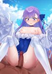  1boy 1girl bangs blue_eyes blue_ribbon blue_sky blush breasts breasts_out choker clitoris clothing_aside coffeekite collarbone erection fate/grand_order fate_(series) frills girl_on_top hair_ribbon hetero highleg highleg_swimsuit highres long_hair long_sleeves meltryllis_(fate) meltryllis_(swimsuit_lancer)_(fate) meltryllis_(swimsuit_lancer)_(second_ascension)_(fate) nipples off-shoulder_one-piece_swimsuit off_shoulder one-piece_swimsuit open_mouth penis prosthesis prosthetic_leg puffy_sleeves purple_hair pussy ribbon sitting sitting_on_person sky sleeves_past_fingers sleeves_past_wrists small_breasts solo_focus straddling swimsuit swimsuit_aside thighs very_long_hair white_ribbon 