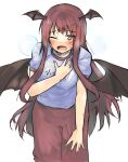  1girl \||/ alternate_costume bangs bat_wings blush breasts breath exhausted ginnkei hand_on_own_chest head_wings highres koakuma leaning_forward long_hair looking_at_viewer low_wings medium_breasts nail_polish one_eye_closed open_mouth red_eyes red_hair red_nails shirt short_sleeves simple_background solo touhou very_long_hair white_background white_shirt wings 