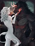  absurd_res anthro black_body black_fur canid canine canis duo felid feline female fur hi_res hologram horn kagami_jera lion male male/female mammal muscular muscular_anthro muscular_male pantherine size_difference standing white_body white_fur wolf 