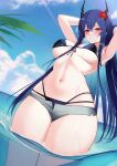  1girl absurdres arknights armpits arms_behind_head arms_up ateoyh bikini black_bikini blue_hair blue_sky blush breasts breath ch&#039;en_(arknights) ch&#039;en_the_holungday_(arknights) chinese_commentary closed_mouth cloud cloudy_sky cowboy_shot curvy day dragon_horns elite_ii_(arknights) embarrassed flower from_below front-tie_bikini_top front-tie_top frown furrowed_brow grey_shorts hair_flower hair_ornament hibiscus highres horns large_breasts long_hair looking_at_viewer micro_shorts multi-strapped_bikini navel ocean official_alternate_costume open_fly outdoors red_eyes short_shorts shorts sidelocks sky solo standing stomach straight_hair string_bikini swimsuit thick_thighs thighs wading wet 