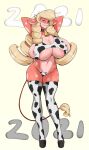  2021 animal_print anthro bell bell_collar big_breasts biped blonde_hair blue_eyes bovid bovine breasts brown_collar camellia_(jludragoon) cattle chinese_zodiac clothed clothing collar cow_print cowbell drill_curls female hair hands_behind_head horn huge_breasts jludragoon legwear looking_at_viewer mammal navel one_eye_closed pose simple_background skimpy smile smiling_at_viewer solo squish tail_tuft thigh_highs thigh_squish tuft white_horn wink winking_at_viewer year_of_the_ox 