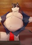  2022 absurd_res anthro asian_clothing bear_2key belly big_belly black_nose blush brown_body canid canine clothing east_asian_clothing fundoshi hi_res japanese_clothing kemono male mammal moobs navel nipples overweight overweight_male red_clothing red_fundoshi red_underwear sauna sitting solo steam underwear white_body 